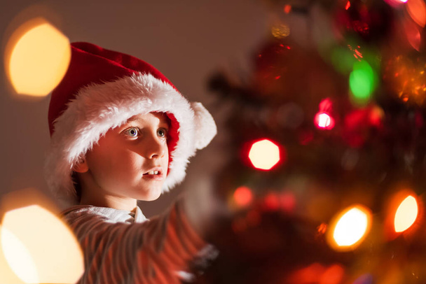 Ritratto di bambino di 8 anni che addobba l'albero di Natale - Foto, immagini