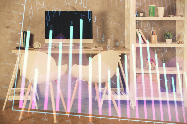 Multi exposure of stock market chart drawing and office interior background. Concept of financial analysis. - Foto, immagini