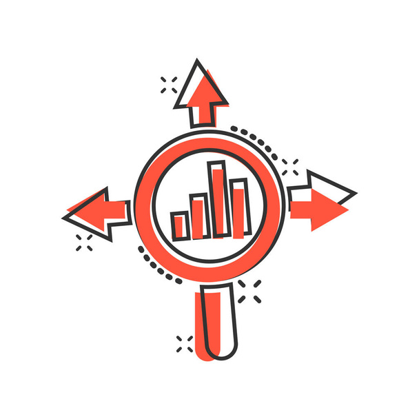 Market trend icon in comic style. Growth arrow with magnifier cartoon vector illustration on white isolated background. Increase splash effect business concept. - Vector, Image