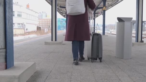  Женщина с багажной сумкой на колесах проходит через пустую центральную железнодорожную станцию к поезду. - Кадры, видео