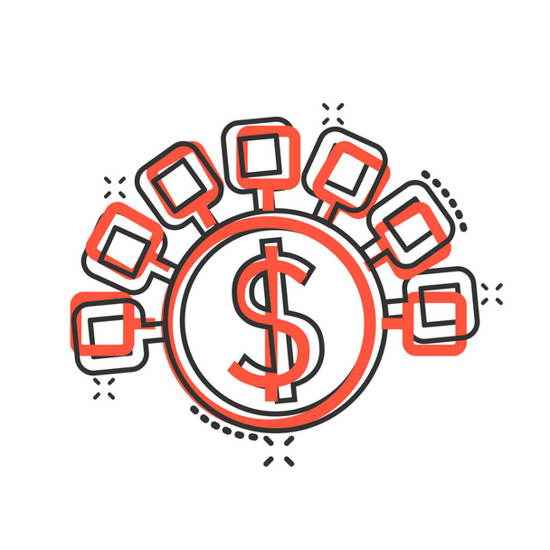 Geld-Einnahmen-Ikone im Comic-Stil. Dollar-Coin-Cartoon-Vektor-Illustration auf weißem isolierten Hintergrund. Finanzstruktur Splash-Effekt Geschäftskonzept. - Vektor, Bild