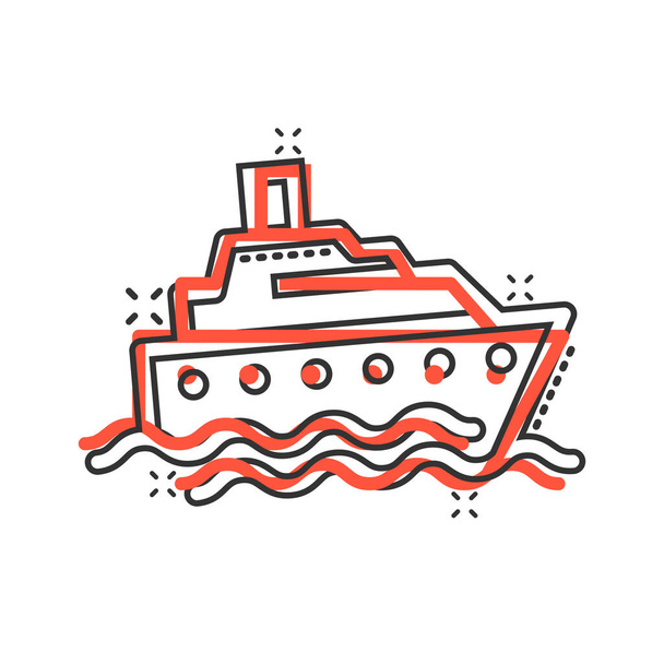 Toerisme schip icoon in komische stijl. Vissersboot cartoon vector illustratie op witte geïsoleerde achtergrond. Tanker bestemming splash effect business concept. - Vector, afbeelding