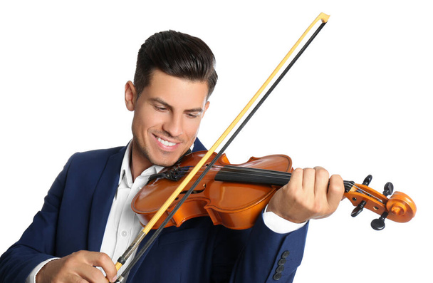 Happy man playing violin on white background - Foto, Bild