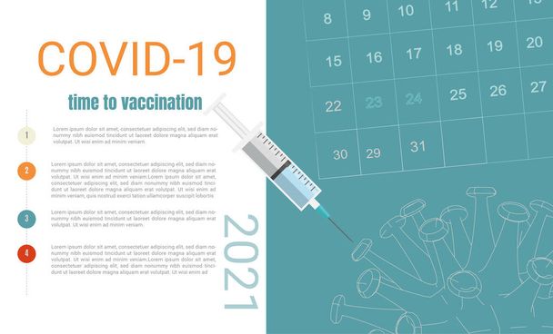 Vaccination - Medical concept of vaccination plan with copy space, syringe injecting coronavirus along with schedule for planning. - Vecteur, image