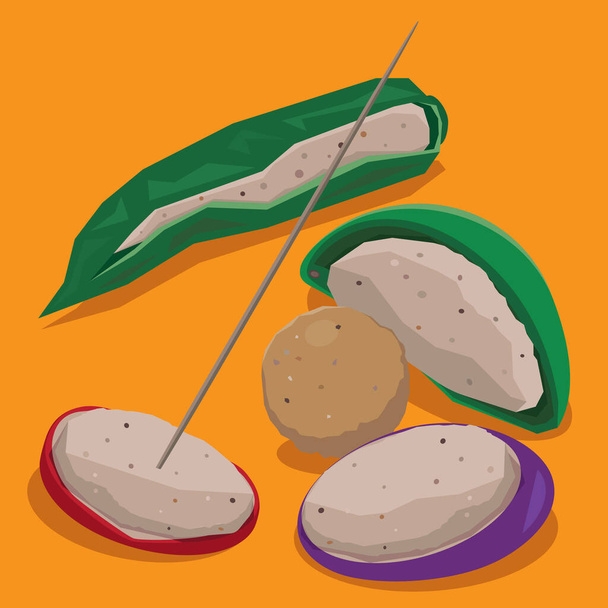 Illustration vectorielle de Hong Kong street snack - Trois trésors farcis : Aubergine farcie, Poivre farci, Saucisse rouge farcie. - Vecteur, image