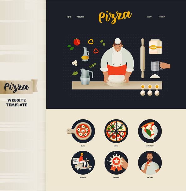 Landing Page Design Template. Modern Flat Vector Concept Illustrations. Pizza Website. Chef Preparing Dough Pizza. Delicious Ingredients. Icons Menu. Blog, Menu, Our Story, Delivery, Reviews, Gallery. - Vektori, kuva