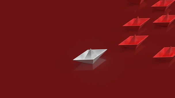 papel de barco blanco sobre fondo rojo para el contenido del mercado del océano rojo 3d renderizado. - Foto, imagen