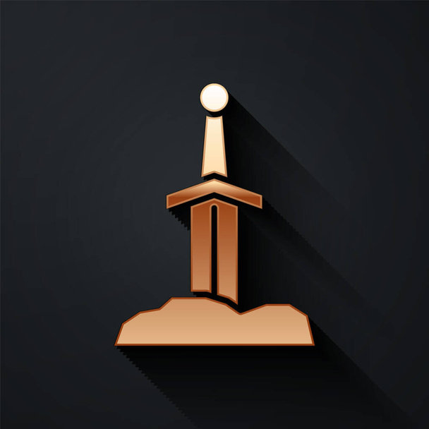 Gold Sword in the stone icon isolated on black background. Excalibur the sword in the stone from the Arthurian legends. Long shadow style. Vector. - Vector, Image