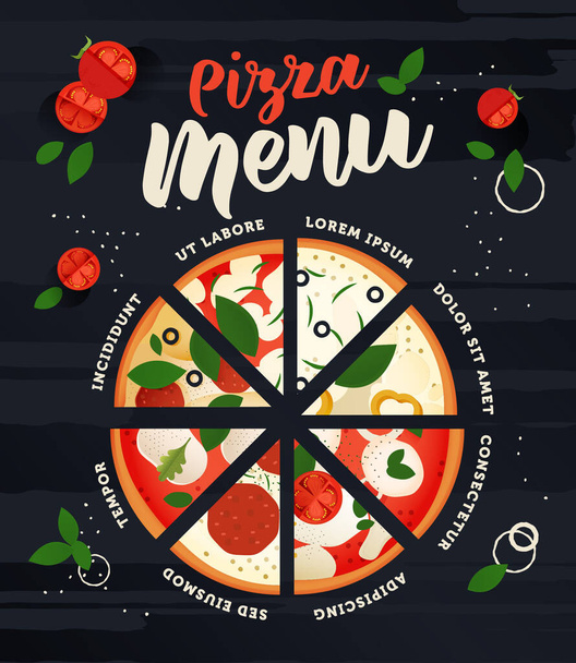 Moderní ploché vektorové ilustrace Pizza s různými druhy pizzy s lahodnými ingrediencemi na tmavém pozadí. Pizza Menu. Poster Concept. Nápis - web.  - Vektor, obrázek