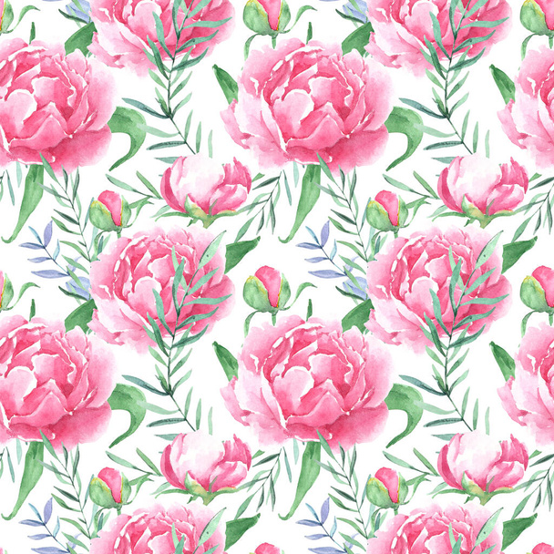 Hand drawn watercolor peony floral pattern. Watercolor pink peony flowers - Фото, изображение