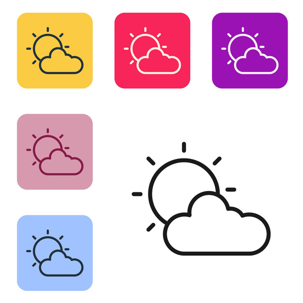 Schwarze Linie Sonne und Wolken Wettersymbol isoliert auf weißem Hintergrund. Setzen Sie Symbole in farbigen quadratischen Tasten. Vektor. - Vektor, Bild