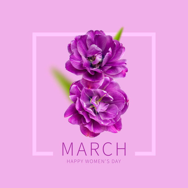 Día Internacional de la Mujer. Concepto creativo para el 8 de marzo a partir de tulipanes morados. Número ocho de flores púrpuras sobre fondo púrpura claro. Tarjeta de flores, composición floral. Primavera, vacaciones, diseño, arte. - Foto, Imagen