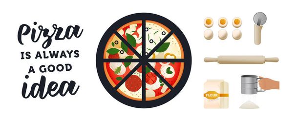 ピザセット。現代のフラットベクトルコンセプトイラスト。ピザ様々なスライス、面白い引用、小麦粉パッケージ、ふるい、おいしい食材、ローラーピン、卵. - ベクター画像