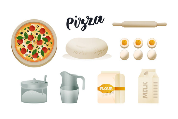 Pizza set. Moderní ploché vektorové koncepce Ilustrace. Pizza na řezací desce, balení mouky, mouka ve sklenici se lžičkou, těsto, válečkový kolík, vejce, džbán s vodou, mléko. - Vektor, obrázek