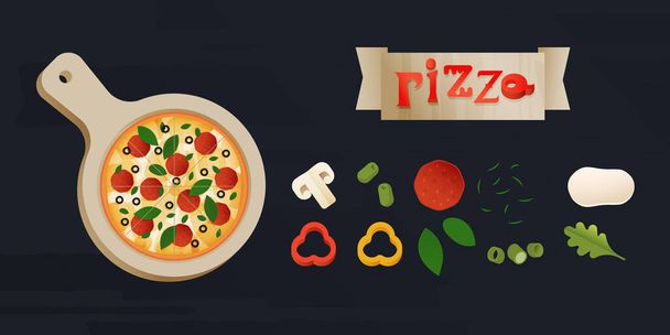 Pizza Set. Moderna Flat Vector Concept Illustrazioni. Pizza su tagliere e varietà di ingredienti su sfondo scuro. - Vettoriali, immagini