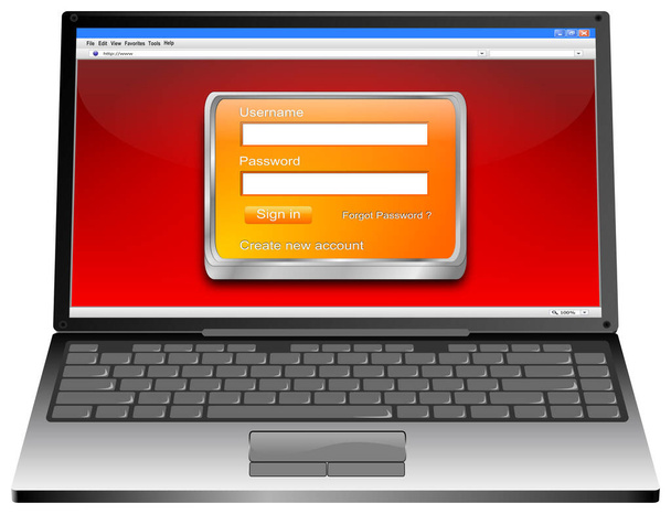 Laptop Computer with orange Login Screen on red desktop - 3D illustration - Photo, Image