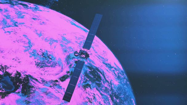 Space satellite Rosetta with solar panels over purple and pink colors Earth planet. Spacecraft orbit - Foto, Imagem