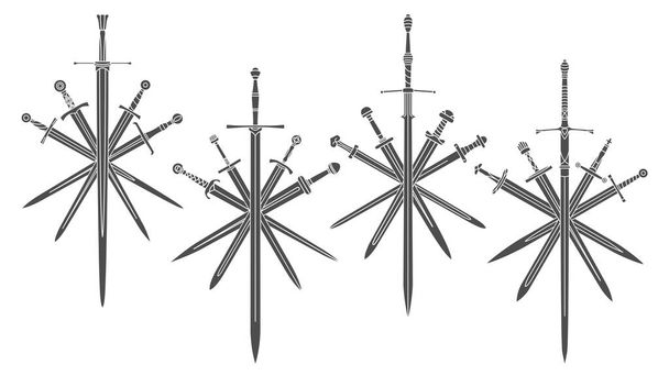 Ensemble d'images vectorielles bicolores simples de cinq épées croisées avec épée médiévale à deux mains au centre. - Vecteur, image