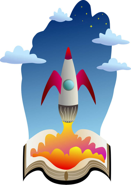 Fantasy image with rocket and book - Vector, afbeelding
