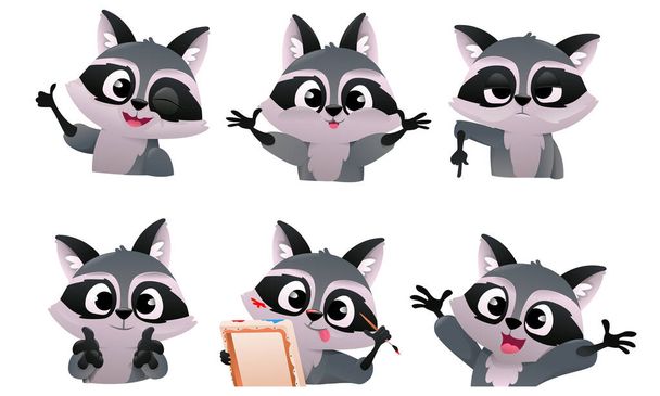 Set of cartoon raccoon. Funny raccoon characters in different situations. Emotions little raccoon. Flat illustration with cute raccoon isolated on white background - Φωτογραφία, εικόνα