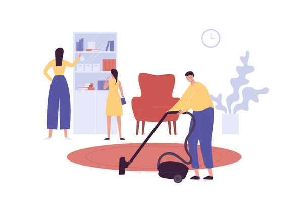 Family housekeeping concept. Vector flat illustration. Male husband cleaning with vacuum cleaner. Female dusting bookcase. Daughter puts book to closet. Living room interior with armchair and carpet. - Vector, Image