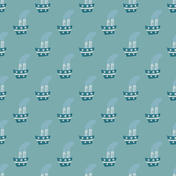 Scrapbook seamless pattern with doodle steamship elements. Blue background. Ocean transport print. Vector illustration for seasonal textile prints, fabric, banners, backdrops and wallpapers. - Vector, Image
