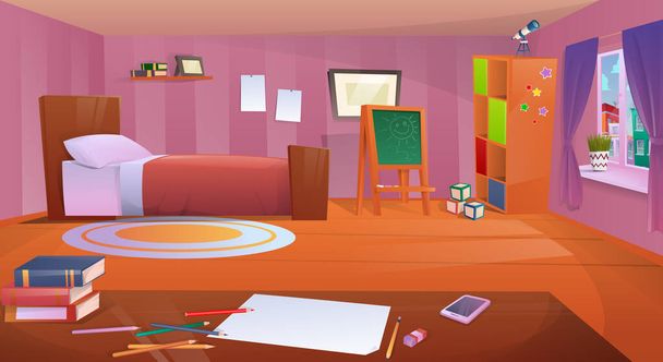 Cartoon children's room. Children's playroom with furniture. Modern bedroom furniture. Flat design teenager room, table, board, toys - Valokuva, kuva