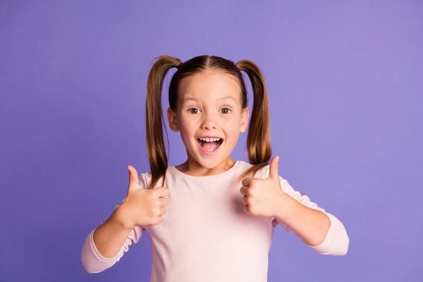 Photo of attractive brown haired pigtails girl show thumbs up recommend isolated on violet color background - Фото, зображення