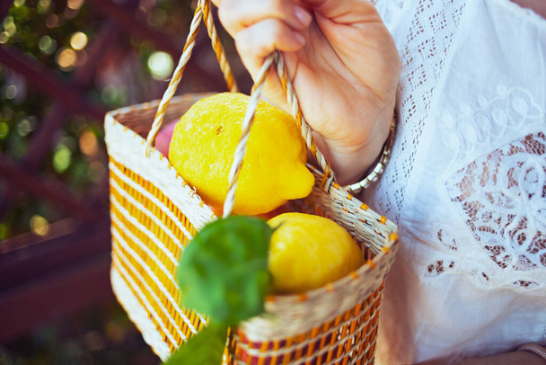 Closeup on woman with local farm fruits in basket in the patio. - Foto, Bild
