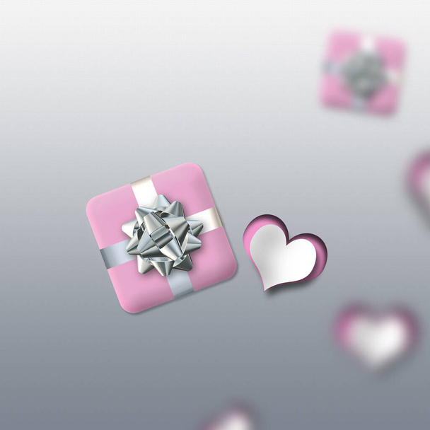 Elegant love card with pink hearts, gift box in pastel colours. Valentines design. 3D render - Fotografie, Obrázek