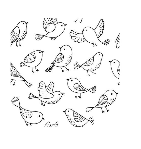 Colorful doodle bird seamless pattern. Collection of flat hand drawn birds. Cute background for textile print, wrapping paper. Vector illustration. - Vettoriali, immagini