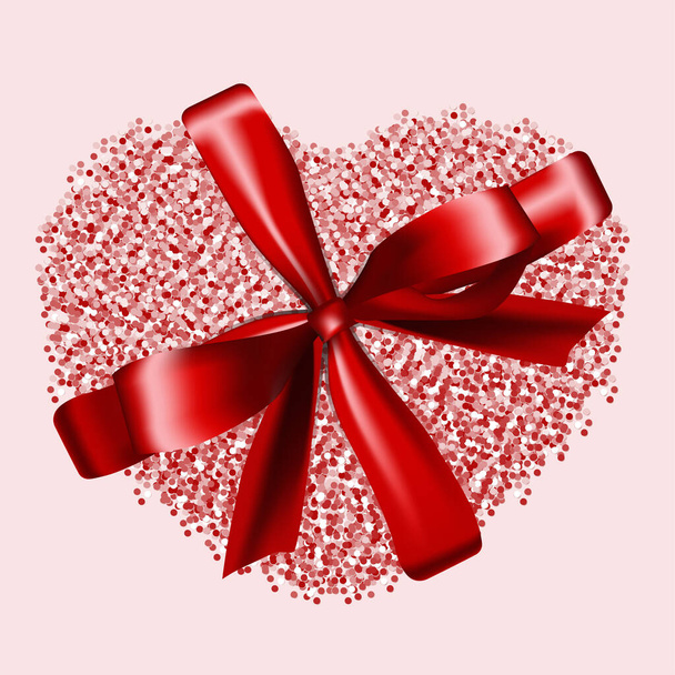 Vector. Día de San Valentín. Una postal de San Valentín. Corazón formado por confeti, cinta de satén, lazo realista satinado. - Vector, Imagen