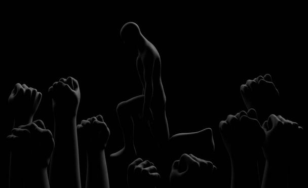 Black fists on black background with rim and kneeling person. Gesture. Black Lives Matter. Blackout. Social justice concept. 3D render. - Photo, Image