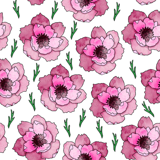 Pink anemones seamless pattern. For decoration of postcards, print, design works, souvenirs, design of fabrics and textiles, packaging design, invitation, wrapping, packaging, print. - Photo, Image
