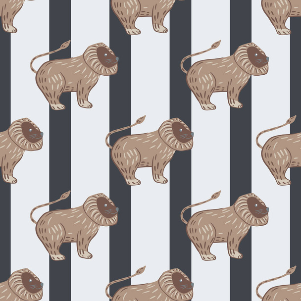 Childish animal seamless pattern with beige lion king shapes. Striped background with grey lines. Graphic design for wrapping paper and fabric textures. Vector Illustration. - Vector, Image