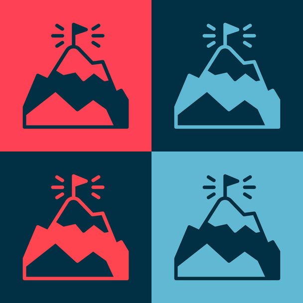 Pop art Montagne con bandiera sull'icona superiore isolata su sfondo a colori. Simbolo di vittoria o concetto di successo. Obiettivi raggiunti. Vettore. - Vettoriali, immagini