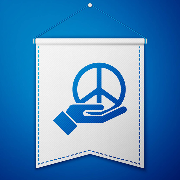 Icona Blue Peace isolata su sfondo blu. Simbolo hippie di pace. Modello di pennant bianco. Vettore. - Vettoriali, immagini
