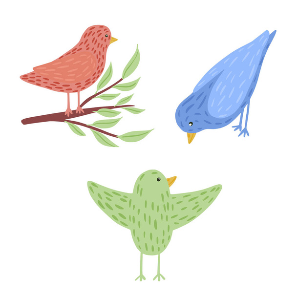 Set birds isolated on white background. Cute character in different poses and colors: on twig, peck, flying, pink, blue, green. Funny birds in doodle style vector illustration. - Vector, imagen