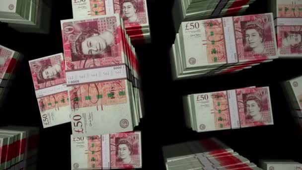 Pound Sterling pénzcsomag hurok. Repülés több mint 50 GBP bankjegyek verem tetejére nézet. 3D hurkolható zökkenőmentes animáció. Absztrakt háttér koncepció a siker, gazdaság, válság, banki, üzleti, recesszió, adósság, finanszírozás. - Felvétel, videó