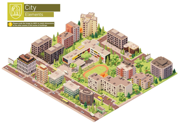 Vektor izometrikus város vagy városi blokk iskolával - Vektor, kép