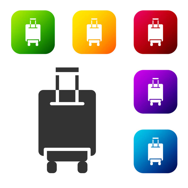 Μαύρη βαλίτσα για ταξιδιωτικό εικονίδιο που απομονώνεται σε λευκό φόντο. Πινακίδα αποσκευών. Εικονίδιο αποσκευών ταξιδιού. Ορισμός εικονιδίων σε χρωματιστά τετράγωνα κουμπιά. Διάνυσμα. - Διάνυσμα, εικόνα