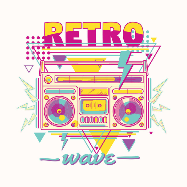 Retro wave - colorful music  80s disco boombox emblem - Vector, Image