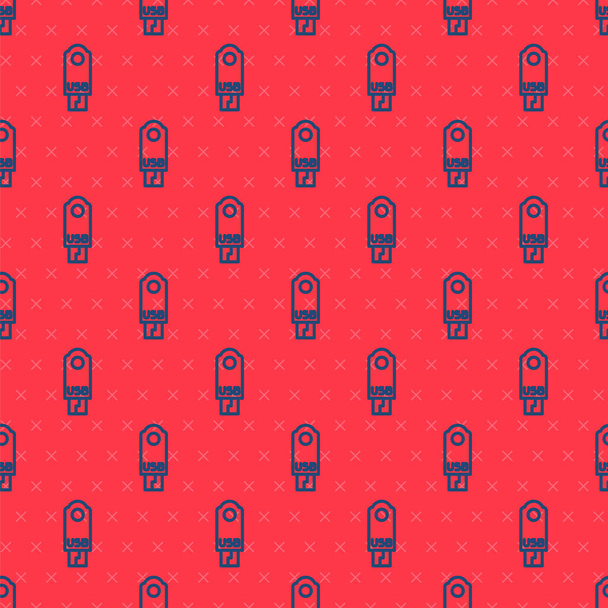 Blue line USB flash drive icon isolated seamless pattern on red background.  Vector Illustration. - Vector, Image