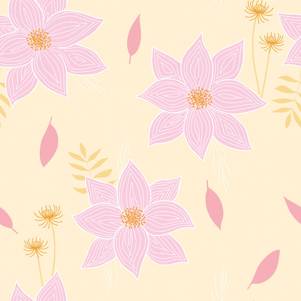 Garten Clematis Blüten- und Blattmuster in rosa und gelb - Vektor, Bild