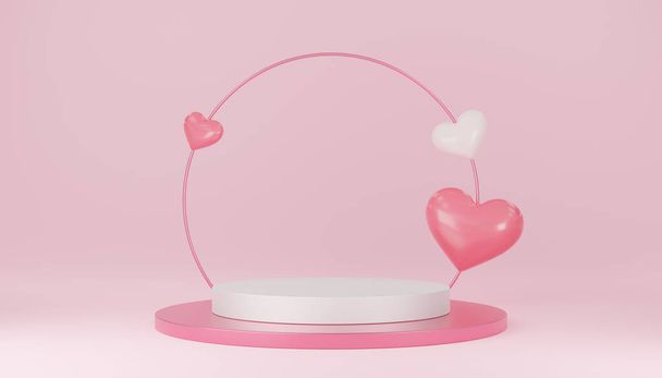 Empty white cylinder podium with pink circle, 3 hearts balloons on arch and copy space background. Valentine's Day interior with pedestal. Mockup space for display of product. 3d rendering. - Photo, Image