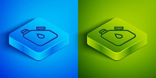 Isometric line Canister for flammable liquids icon isolated on blue and green background. Oil or biofuel, explosive chemicals, dangerous substances. Square button. Vector. - Vector, Image