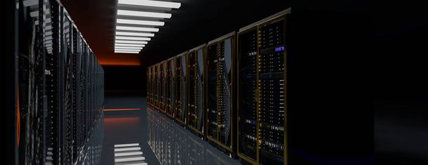 Datacenter serverruimte. Back-up, mijnbouw, hosting, mainframe, boerderij en computer rack met opslaginformatie. 3d renderen - Foto, afbeelding