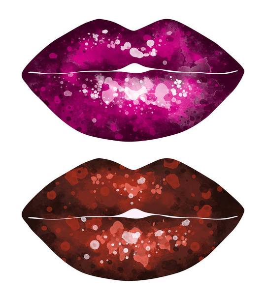 Set van vrouwelijke glanzende lippen. Lippen geïsoleerd op witte achtergrond. Vrouwelijke lippen gekleurd in verschillende kleuren lippenstift. Lippen achtergrond. Reclame voor lippenstift - Foto, afbeelding