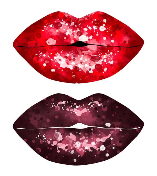 Set of female shiny gloss lips. Lips set isolated on white background. Female lips colored in different lipstick colors. Lips background. Lipstick advertisement - Photo, Image