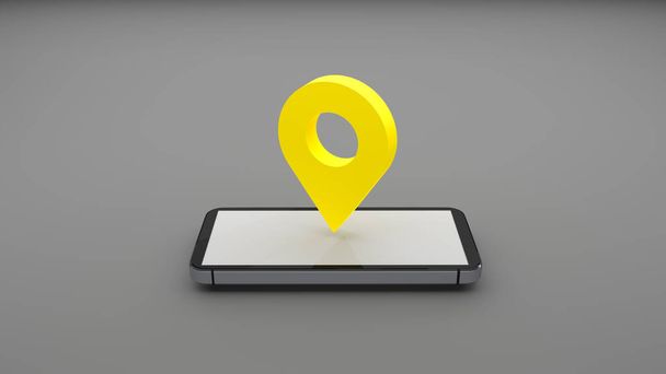Mobil GPS navigációs koncepció. Navigációs marker az okostelefon képernyőjének tetején. 3D renderelés - Fotó, kép